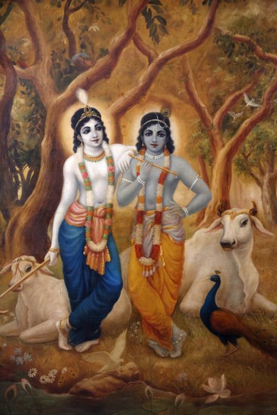 Painting depicting Hindu god Krishna standing next to his brother Balaram, India by Unbekannt