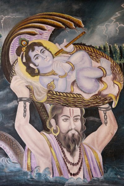 Painting in Gokul: Krishna as a baby carried over the Yamuna River by Vasudeva, India by Unbekannt