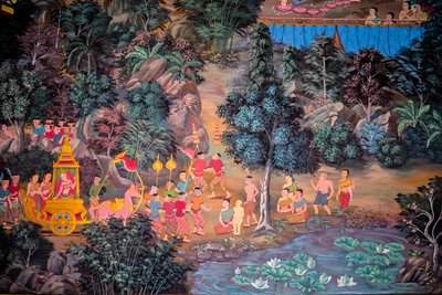 Paintings of village scenes with Buddha in Thailand, Wat Bang Riang, Thub Pat, Phang Nga, Thailand, Asia by Unbekannter Künstler