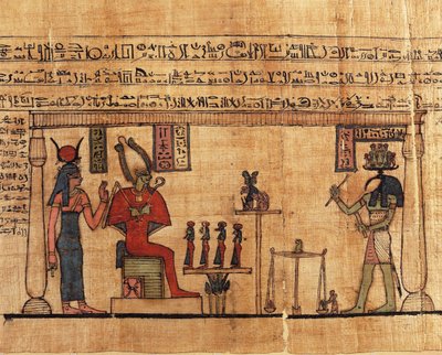 Papyrus from the First Book of Breathing of Ousirour, Thoth weighing soul of Ousirour before Isis and Osiris by Alec Hunter