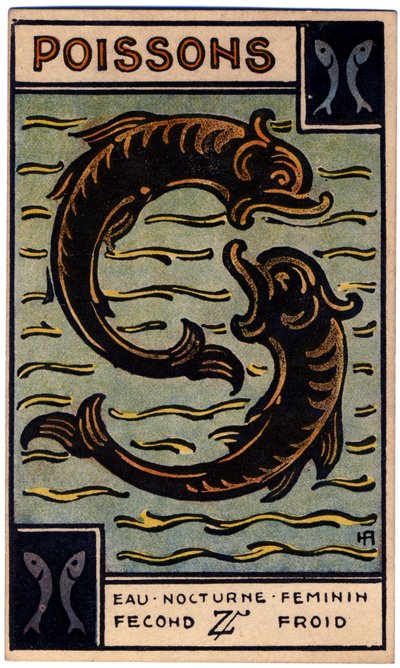 Paranormal. Astrology. Pisces (the Fish). Astrologic card from: Le Tarot Astrologique (Astrological Tarot), by Georges Muchery, France by Unbekannter Künstler