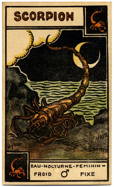 Paranormal. Astrology. Scorpio (the Scorpion). Astrologic Card from: Le Tarot Astrologique, by Georges Muchery, France by Unbekannter Künstler