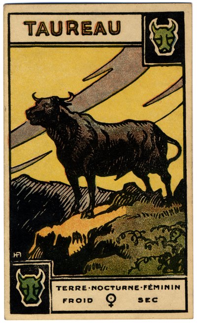 Paranormal. Astrology. Taurus (the Bull). Astrologic Card from: Le Tarot Astrologique, by Georges Muchery, France by Unbekannter Künstler