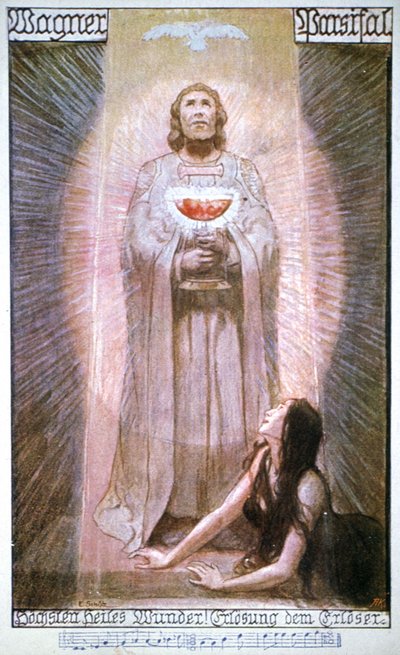 Parsifal with Graal, Kundry Dying, Early 20th Century (Postcard) by Unbekannter Künstler