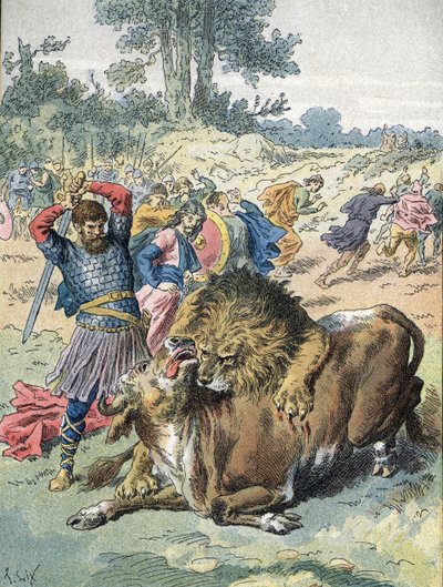 Pepin the Brief fighting a lion and a bull on the Champ de Mars to prove his courage (751) by Unbekannter Künstler