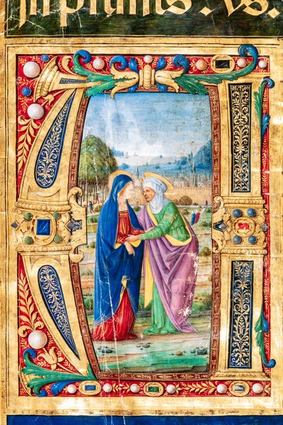Piccolomini Library: choir book, cod. 14.P., ff. 2r with the Visitation of Mary and St. Elizabeth (detail) by Unbekannter Künstler