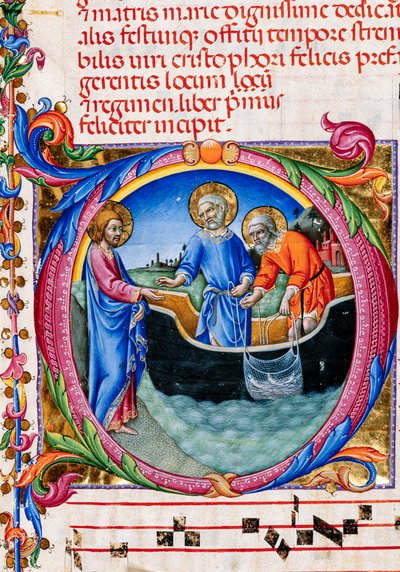 Piccolomini Library: Choir Book, Cod. 27.11, ff. 1r with Calling of St. Peter and St. Andrew, by Sano di Pietro (detail) by Unbekannter Künstler