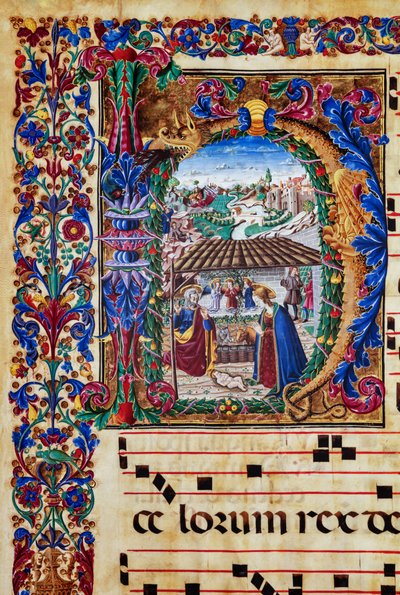 Piccolomini Library: choir book, cod. 2.B, ff. 5v with “Nativity” (detail) by Unbekannter Künstler