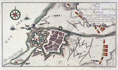Plan of Memel (Present-Day Klaipeda, Lithuania), During the Surrender of the City, 27 June to 5 July 1757. Etching Water in 1764 Colors by Unbekannter Künstler
