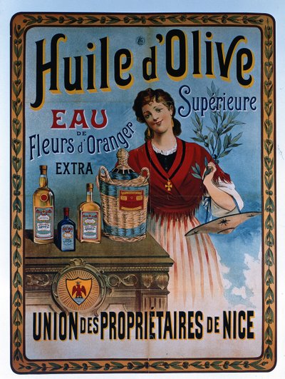 Poster advertising olive oil made in Nice, France by Unbekannter Künstler