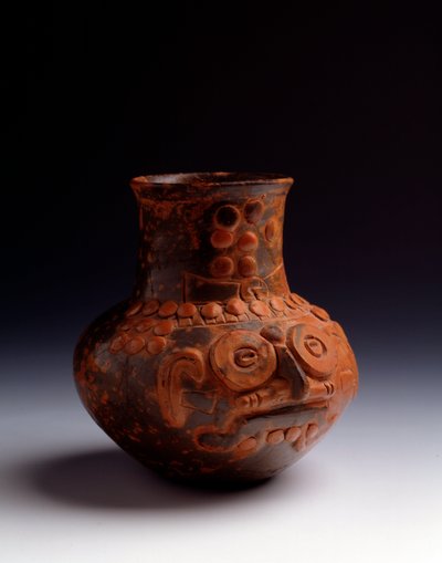 Pre-Columbian art, Maya civilization, initial postclassical period: clay jar representing the god Tlaloc. From Asuncion Mita Jutiapa, Guatemala. Dim. h. 14 x diam. 7.6 cm Guatemala, Museo Nazionale di Archeologia e Etnologia by Unbekannt