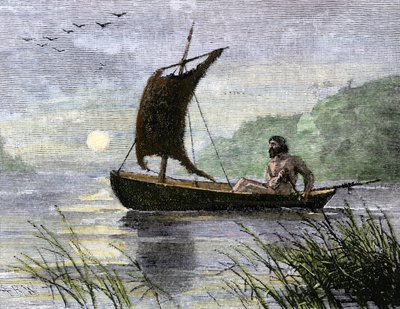 Prehistoric navigation, rowing canoe with animal skin sailing by Unbekannter Künstler