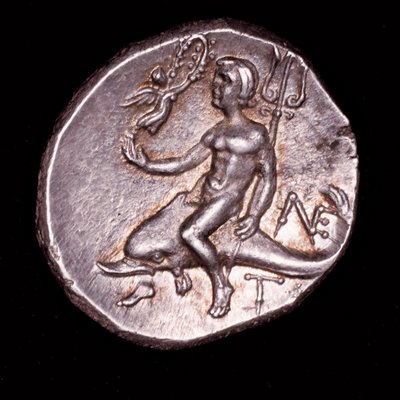 Rare Ancient Greek Coin, Calabria, Tarentum, Taras riding a dolphin holding a trident, Nike above with a Wreath Crown by Unbekannter Künstler