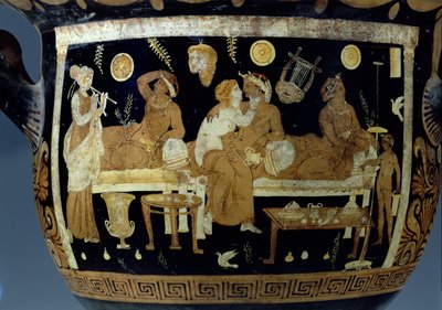 Red and white figure calyx crater: detail depicting banquet scene, Greek (detail) by Unbekannt