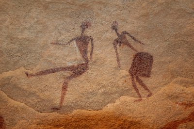 Rock art, Prehistory: Detail of a rock painting of two characters in an ornate shelter, in the Uweinat massif, Egypt by Unbekannt
