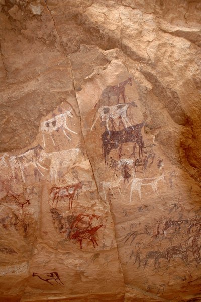 Rock art, Prehistory: Rock painting of a group of cattle and characters in an ornate shelter, in the Uweinat massif, Sudan by Unbekannt