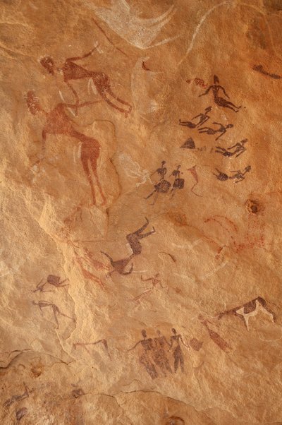 Rock Art, Prehistory: Rock Painting of Characters and Cattle in an Ornate Shelter, Uweinat Massif, Egypt (8000 to 3000 BC) by Unbekannt