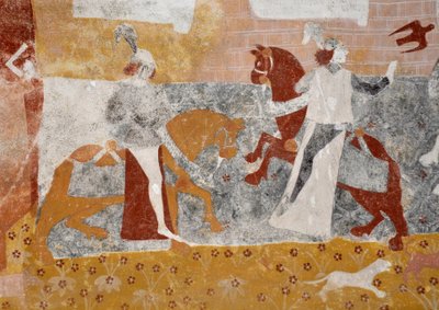 Romanesque art: Frescoes of the funeral chapel Sainte Catherine de Jouhet, France. The meeting of the three alive and three dead by Unbekannter Künstler