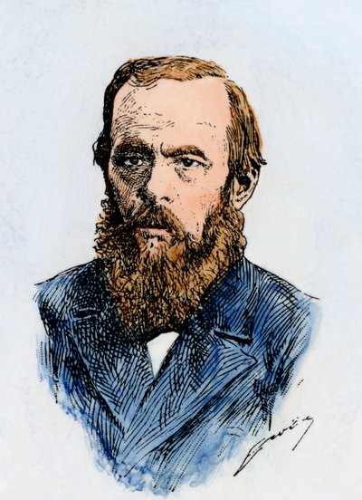 Russian novelist Fyodor Dostoyevsky (1821-1881). Hand-colored woodcut of a 19th-century illustration by Unbekannter Künstler