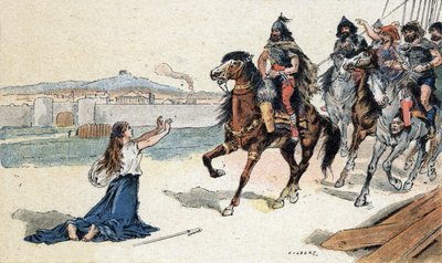 Saint Genevieve (422-502) before the king of the Huns Attila - Barbarian Invasions - Illustration by Camille Gilbert of 1890 by Unbekannt