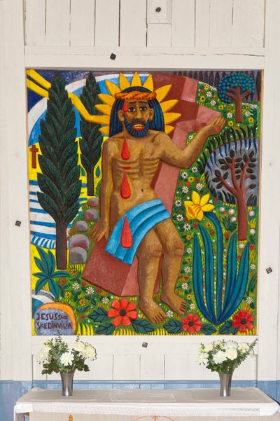 Sami art; Jesus Christ; colourful wood carving; Sami-Christian altarpiece designed by artist Bror Hjort in the wooden church of Jukkasjaervi; Lapland; Norrbotten County; Sweden; Scandinavia; Europe by Unbekannt