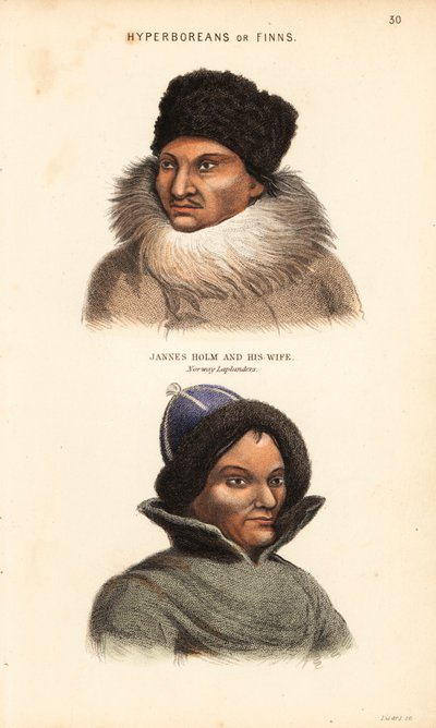 Sami people or Lapps. Jannes Holm in fur hat and collar, and his wife in furtrimmed hat, Norway Laplanders. Hyperboreans or Finns by Unbekannter Künstler