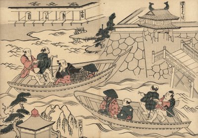 Samurai crossing the river in a boat on the way to the Yoshiwara pleasure quarters. Woodblock print by Masanobu Okumura from Fuzoku Emakimono, Picture Scroll of the Water Trade, Tokyo, reprint circa 1880 by Unbekannter Künstler