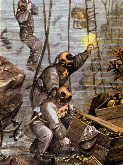 Scuba Diver Discovering Underwater Treasure, Early 20th Century (Illustration) by Unbekannter Künstler