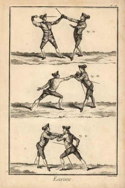 Second position of the disarm in tierce, disarm on the carte or seconde thrust, and second position of the disarm on the carte by Unbekannter Künstler
