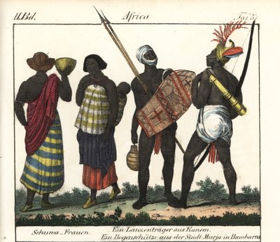 Shoua women with a baby, a spear and an archer from the Kanem Empire (Chad and Libya). Lithography for the book: “Galerie complete en tableaux fideles des peuples d