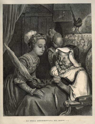 Sleeping Beauty: The Princess Discovers an Old Woman Spinning Wool. Engraving by Gustave Dore from Les Contes by Charles Perrault by Unbekannt