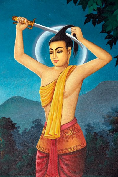 Srahchork Buddhist Monastery. Painting depicting the life story of Shakyamuni Buddha. Prince Siddhartha cut off his hair to renounce the worldly life at the bank of the Anoma River. Phnom Penh. Cambodia. by Unbekannt