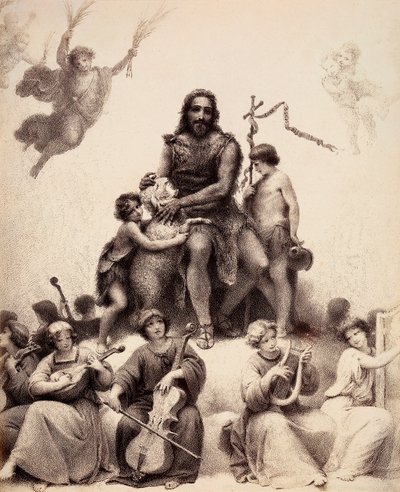 St. John the Baptist sits, surrounded by musician angels, and caresses a lamb on its head. Illustration of Canto XXXII in Paradiso of The Divine Comedy by Dante Alighieri. Work of Francesco Scaramuzza dedicated to the Municipality of Florence. by Unbekannter Künstler