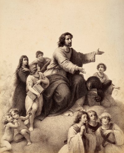St. John the Evangelist with outstretched arms is surrounded by youth and angels; at his feet an eagle has in its talons the Gospel; a youth, to the right of the saint, holds the book of the Apocalypse (The Book of Revelation). Illustration of Canto XXXI by Unbekannter Künstler