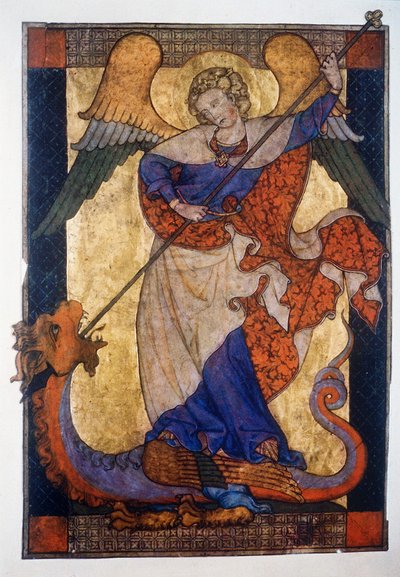St Michael Defeating the Dragon - Parchment, c.1330, Staatliche Museen Kupferstichkabinett, Berlin by Unbekannter Künstler