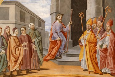 St. Nicolas de Veroce church. St. Nicolas is chosen to be bishop of Myra. Painting. France. by Unbekannt
