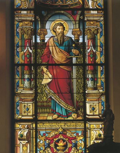 Stained glass window of a saint by William M. Timlin