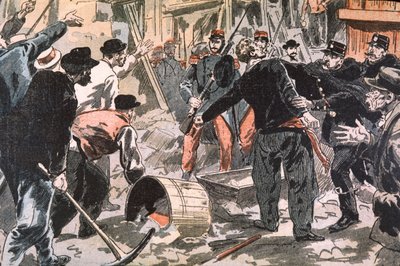 Struggle Between Breton Strikers and Law Enforcement Forces on a Construction Site, Paris, Early 20th Century (engraving) by Unbekannter Künstler