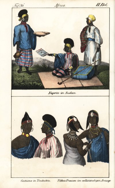Sudanese women in striped dress. Below, demmes of Timbuktu (Mali) and Tibbo women of the Sahara. Lithography for the book: “Galerie complete en tableaux fideles des peuples d
