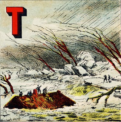 T: Torrent. A very rapid water current produced by the steep slope of a terrain - Engraving from Geographical Alphabet. Guerin-Muller et Cie, publishers, Paris by Unbekannt