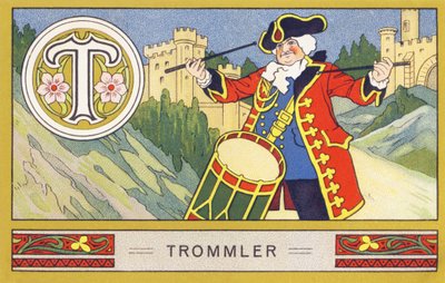 T: Drummer - Alphabet Palmin. Series of chromolithographs published by H. Schlinck & Co, Hamburg. Advertisement for Palmin finest coconut fat. Dimensions: 7 x 11 cm by William M. Timlin