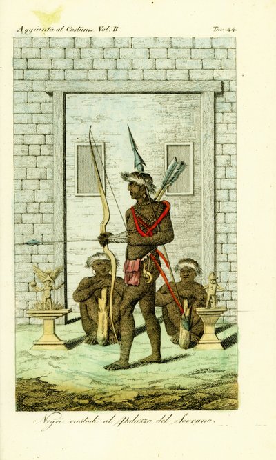 Tattooed or scarified guards at the door to the Queen