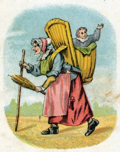 The Boyfriend mother. Old woman schoolkeeper with schoolboy carrying bag. Engraving in "Alphabet des petits ecoliers". Imaging of Epinal, circa 1885 by Unbekannt