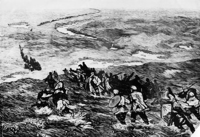 The Chinese Red Army passes through the marsh land. A woodcut by Li Huan-min. The Red Army is shown crossing a marsh in 1935 by Unbekannt