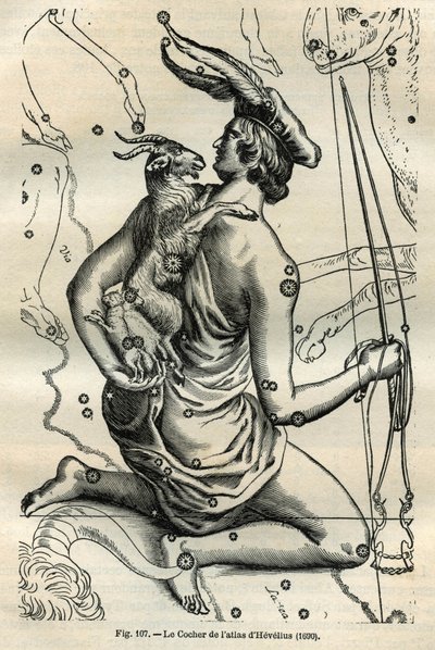 The Coach of the Atlas of Hevelius (1690): The constellation of the Coach, which holds in the right hand a whip and reins and on the left arm the Chevre and two chevrals, is one of the oldest in the Greek sphere. Engraving from Camille Flammarion