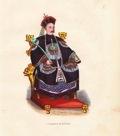 The Emperor of China in Embroidered Robes and Hat with Peacock Feather Seated on His Throne by Unbekannter Künstler