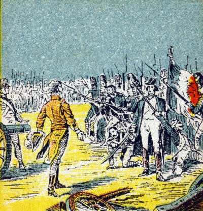 The Hundred Days: Defeat of Napoleon I Bonaparte to Waterloo in 1815. Engraving in "Histoire de France". Series of advertising images published on behalf of Louit, circa 1920 by Unbekannt