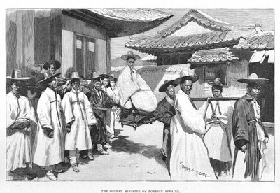 The Korean Minister for Foreign Affairs, Cho Pyong-Sik, making an official visit, is carried in a litter through the streets of Seoul by Unbekannt
