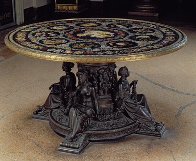 The Table of the Muses, comprising a circular table top of pietra dura supported by a bronze drum with four bronze Muses, Florentine by Unbekannt