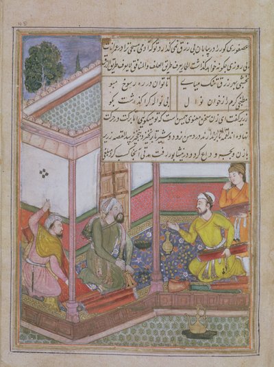The Twenty-Seventh Night: Zarir and two other weavers sell cloth to a man holding a purse, from Tuti Nama (Tutiname) c.1580 by Unbekannt